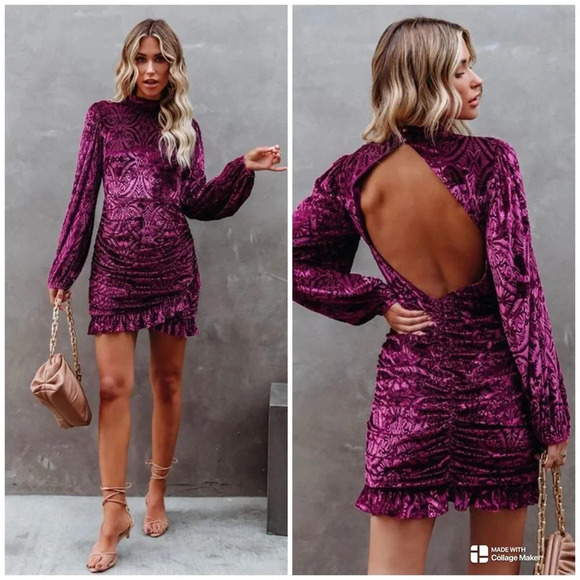 Vici Dresses & Skirts - VICI Velvet Ruched Purple Long Sleeve Open Back Mini Dress Medium
